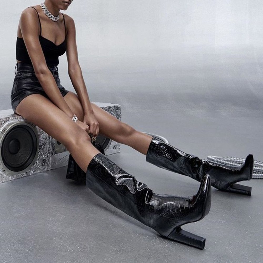 Steve Madden black patent leather crocodile boots